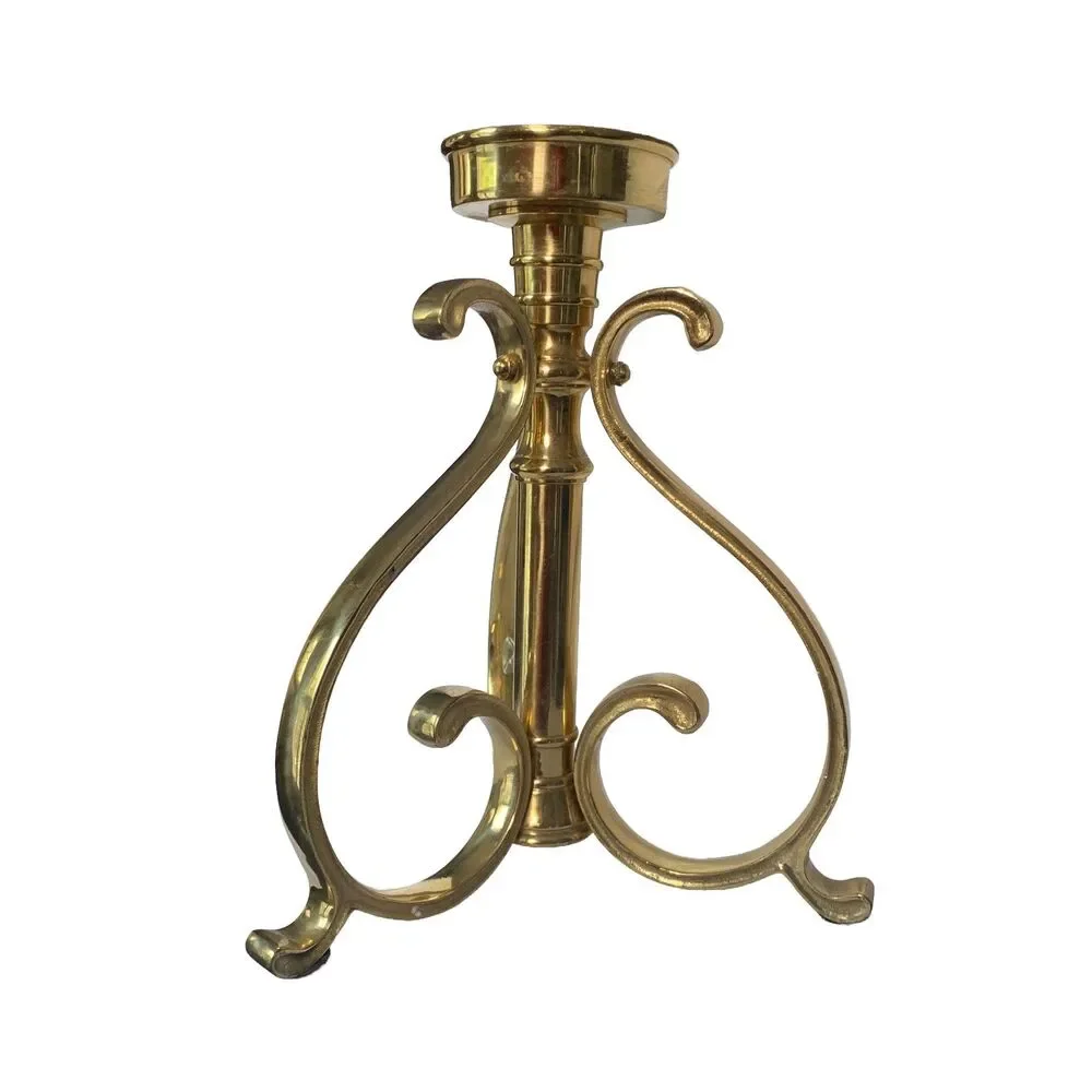 Vtg Heavy Solid Brass Scroll Tripod Pillar Candle Holder Stand Mid Century 3 Leg